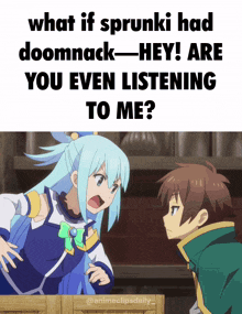 a picture of a girl and a boy with the words " what if sprunki had doomnack hey are you even listening to me "