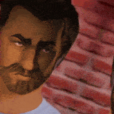 a close up of a man 's face with a red brick wall in the background