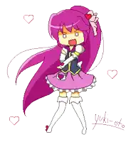 a pixel art of a girl with purple hair and the name yuki-oto on the bottom