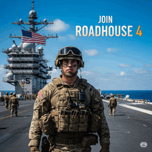 a soldier stands on the deck of a military ship with the words join roadhouse 4 above him