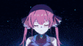a close up of a pink haired anime girl with her eyes closed in the dark .