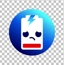 a blue circle with a sad face and a lightning bolt on top