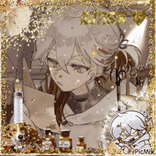 a picture of a girl surrounded by bottles and a syringe with the word picmix on the bottom