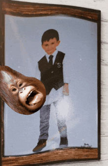 a picture of a boy in a suit and tie with a monkey sticking its head out of the frame