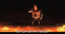 a cartoon character from the movie the incredibles is standing in the middle of a volcano .
