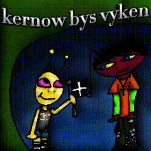 a cartoon of kernow bys vyken with a yellow alien holding a flag