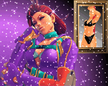 a picture of a woman in a purple outfit is surrounded by sparkles