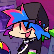 a cartoon character with a hat and a necklace is smiling .