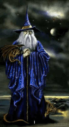 a wizard with a beard and a dragon holding a wand