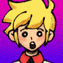 a cartoon character with yellow hair and a surprised look on his face .
