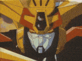 a close up of a robot 's head with a red and yellow colored armor