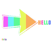a rainbow colored arrow pointing to the word hello on a white background