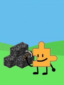 a puzzle piece is holding a pickaxe in front of a pile of blocks