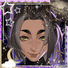a picture of a girl with a telescope and a crescent moon behind her
