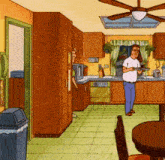a cartoon of a man standing in a kitchen holding a plate of food