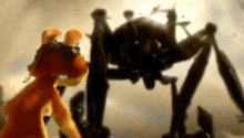 a cartoon character standing next to a giant spider .