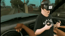 a man wearing a virtual reality headset and a shirt that says strung out