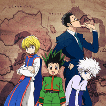 a group of anime characters standing in front of a map with the letter a on it