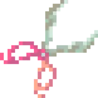 a pixel art drawing of a pair of scissors with a pink ribbon