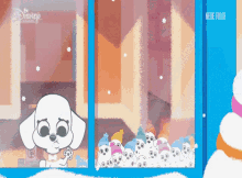 a cartoon of dalmatian puppies looking out of a window with the words neue folge below them
