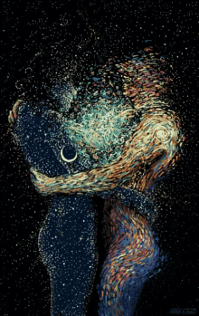 a painting of a man and woman hugging with a crescent moon in the sky