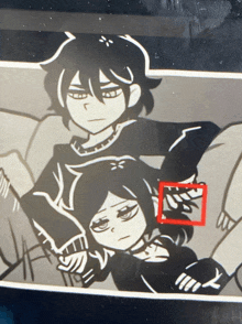 a black and white drawing of a boy and a girl with a red circle around them