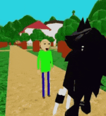 a man in a green shirt is standing next to a black wolf holding a knife in a video game .