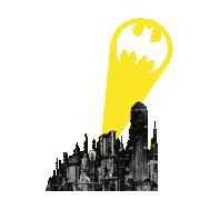 a black and white drawing of a city with a batman logo in the foreground