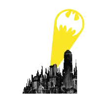 a black and white drawing of a city with a batman logo in the foreground