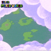 a super mario world screen shows a green island in the middle of clouds