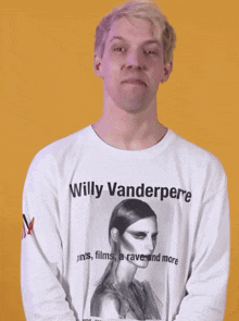 a man wearing a shirt that says willy vanderpere pins films a rave and more