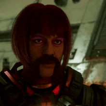 a man with a mustache and red hair has purple makeup on his face