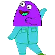 a cartoon character with a blue hat on his head is waving .