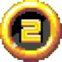 a pixel art drawing of a coin with the number 2 in the center