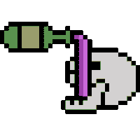 a pixel art drawing of a hand holding a green bottle with a purple stripe .