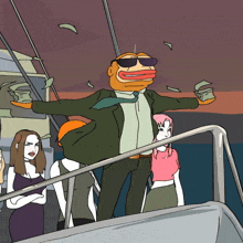 a cartoon of a man on a boat holding money in his hand