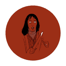 a cartoon of a woman holding a knife with a surprised look on her face