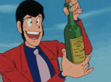 a cartoon character is holding a green bottle with a yellow label that says ' bottle ' on it