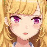 a close up of a anime girl with purple eyes