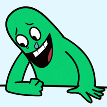 a cartoon drawing of a green monster with a tear coming out of his eye