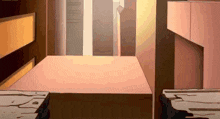 a cartoon drawing of a room with a bed and a staircase .