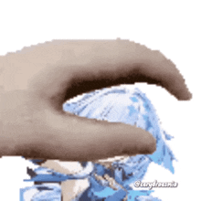 a hand is reaching out towards a person with blue hair