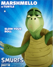 a poster for the smurfs movie shows marshmello as a turtle