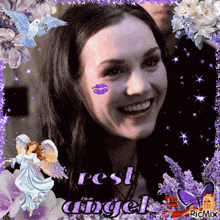 a picture of a woman with a kiss on her face and the words rest angel on the bottom