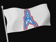 a white flag with a blue and red oil tower on it