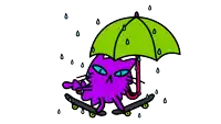 a purple cat is riding a skateboard under an umbrella