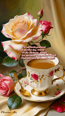 a cup of coffee sits on a saucer next to a flower