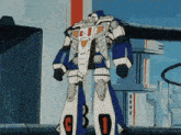 a robot is standing in front of a building .