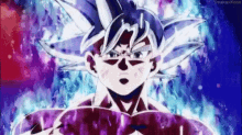 a close up of a cartoon character 's face with a purple and blue background .