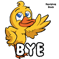 a cartoon duck says bye with its wing out